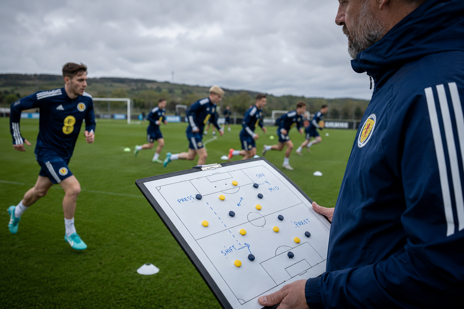 () action photograph composition showing Scottish footballers in dark navy training kits during an intense tactical training