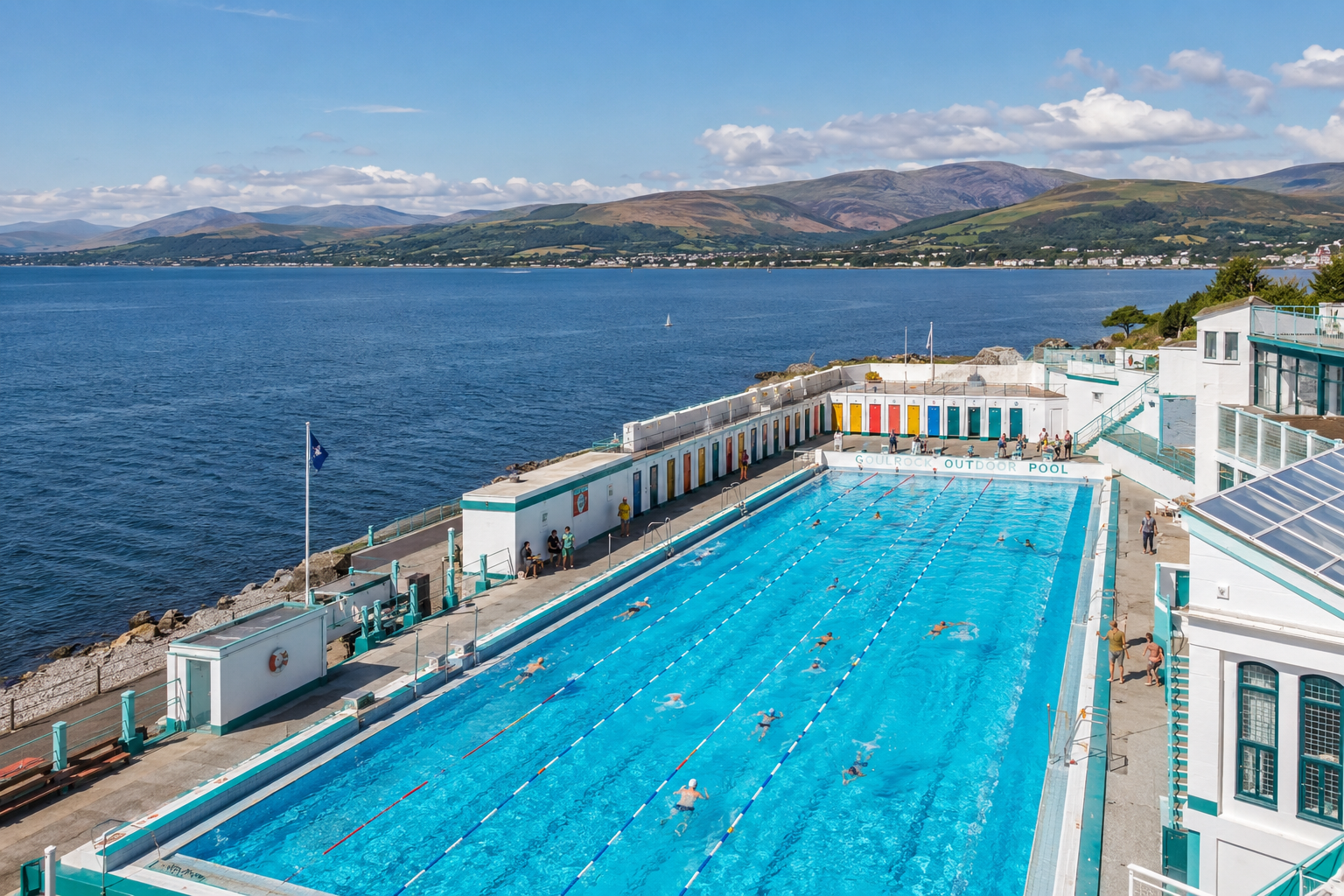 () editorial image showing Gourock Outdoor Pool from an aerial angle, a classic Scottish lido with bright blue heated water