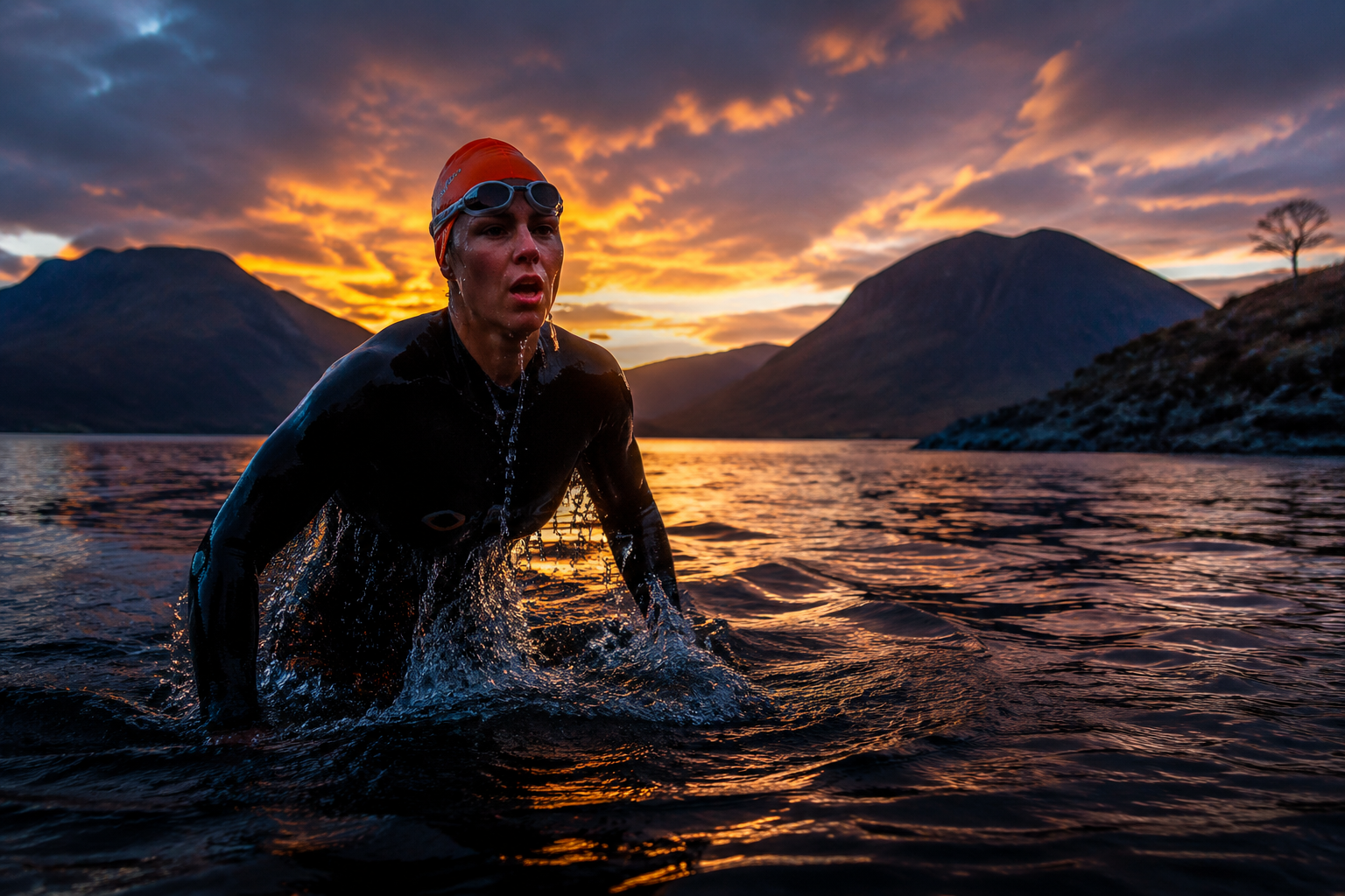 () editorial image showing a wild swimmer emerging from a dramatic Scottish loch at golden hour, dark water reflecting